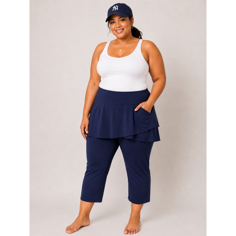 Lands End Womens 2X 20-22W Navy Blue Active Skirted Capri Leggings Skapri Pocket